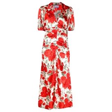 GANNI Ruched Floral Silk Blend Satin Midi Dress in Brazilian Sand Size 38 V Neck