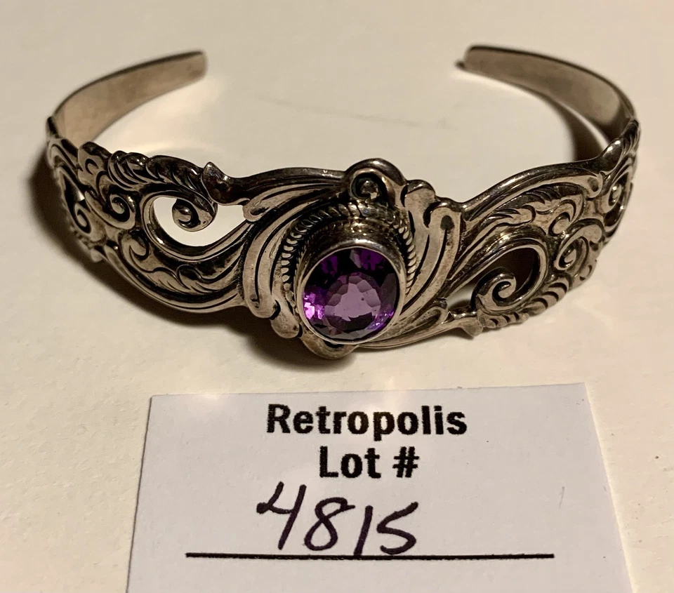 925纯银紫水晶金银卷轴开口袖口手链 — 第 3/4 张图片