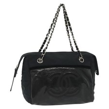 CHANEL Matelasse Chain Boston Bag Canvas Black Silver CC Auth 140143