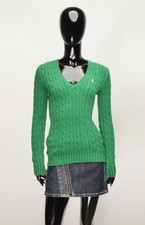 Vintage Polo Ralph Lauren Y2K Women's Green Chunky Knit V-Neck Jumper Size XS