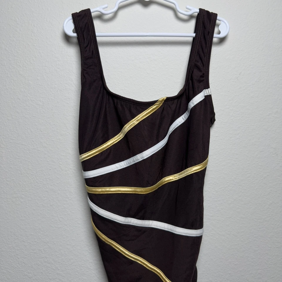 Traje de baño Longitude de una pieza para mujer 8 marrón blanco dorado rayas cuello cuadrado estante Br Foto 2 de 4
