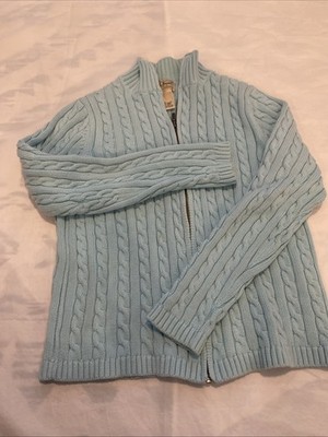 L.L. Bean Fisherman Cable Knit Full Zip Sweater M-Reg Mock Neck Blue