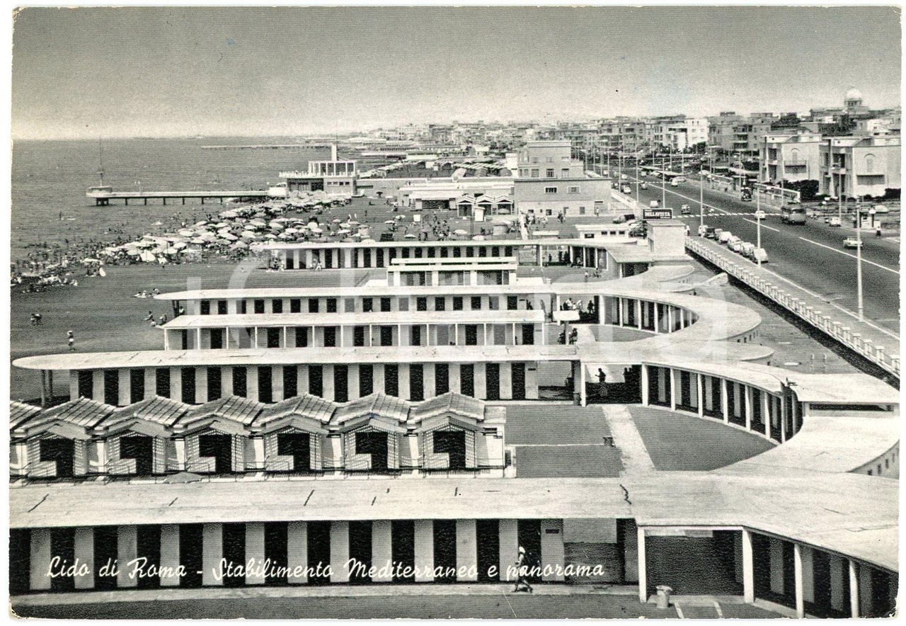 1950 ca LIDO DI ROMA - Stabilimento Mediterraneo e panorama - Cartolina FG VG