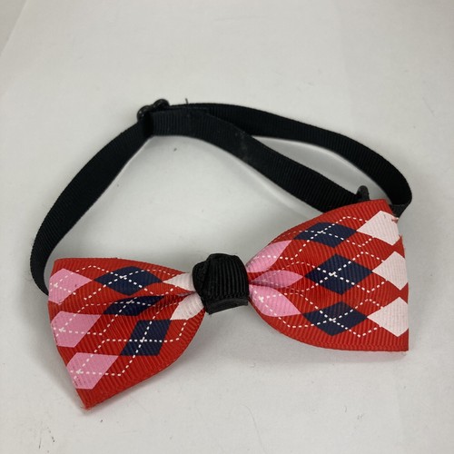 Dog Collar Black With Red Argyle Bow Adjustable Nylon Up To 13 Inches