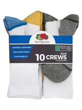 Fruit Of The Loom Boys White Assorted 10 Pack Stain Release Crew Socks 3-9 Large