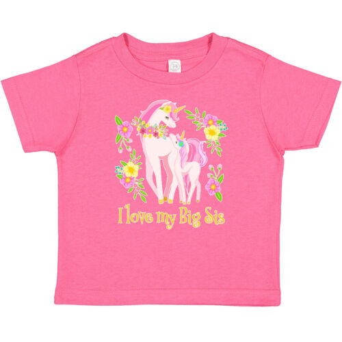 Inktastic I Love My Big Sis Unicorn With Pink And Yellow Flowers Baby T-Shirt