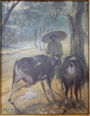 BEN KALALO BALI INDONESIEN VINTAGE ÖLGEMÄLDE EINES BAUERN MIT STIEREN, LANDSCHAFT
