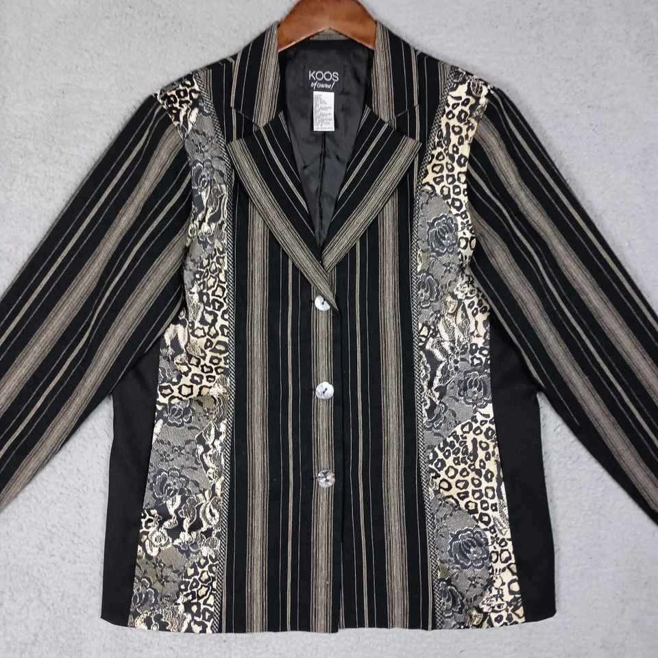 Koos of Course Blazer Women Medium Black Tan Animal Print Linen Blend Jacket Vtg - Image 2 of 4
