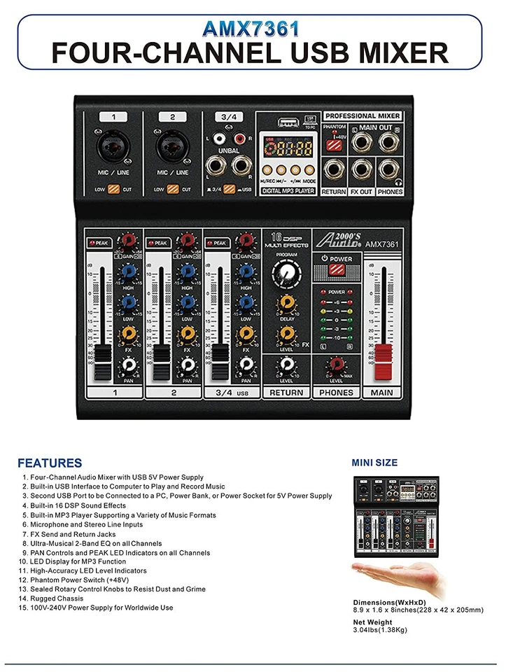 Audio2000'S AMX7361 Four Channel Audio Mixer with USB 5V Power Supply USB/PC-MR - Image 3 of 3