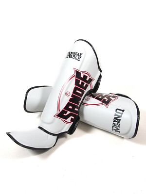 Sandee Cool Tec Leather Shin Instep Guard White Muay Thai Pads Sparring Training