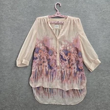 LC Lauren Conrad Women Blouse L Pink Sheer Floral Button V-Neck Front