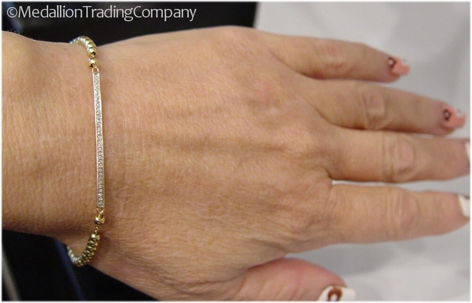 ZOE LEV 14k Yellow Gold Pave' Diamond Bar 3mm Bead Ball Bracelet 7 Inch 4.17 grm - Image 4 of 4