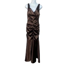 XSCAPE By Joanna Chen Brown Satin Ruched Gown Y2K Size 10 HOCO Dark Fairy
