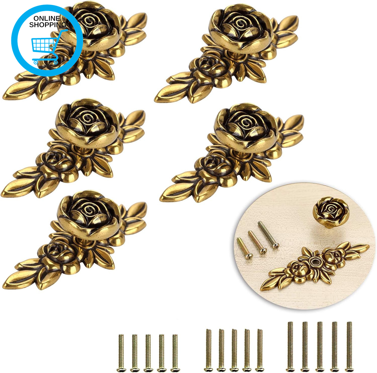 5 Pack Rose Drawer Knobs for Cupboard Wardrobe Dresser with Plate Decorative Fur