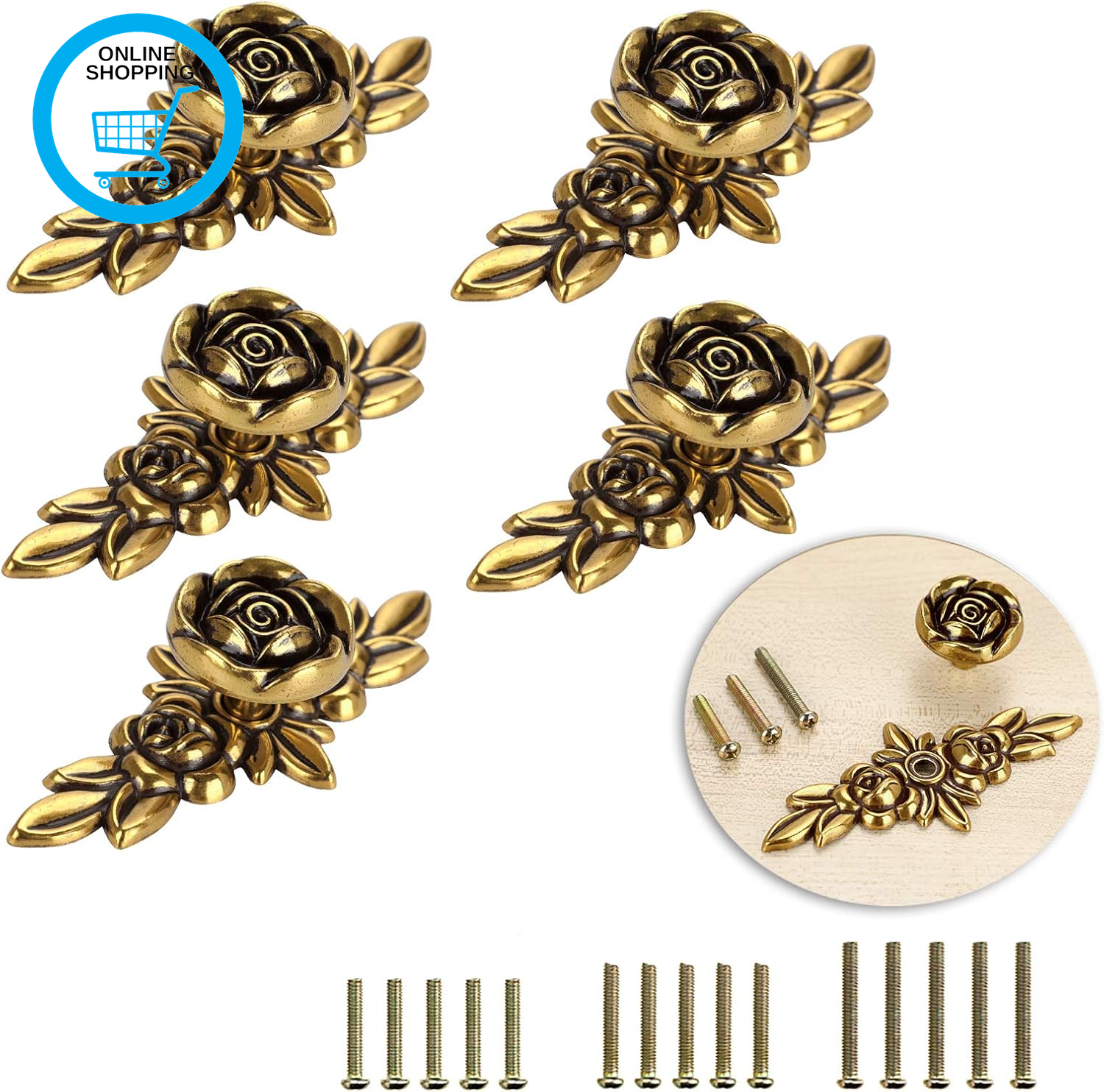 5 Pack Rose Drawer Knobs for Cupboard Wardrobe Dresser with Plate Decorative Fur
