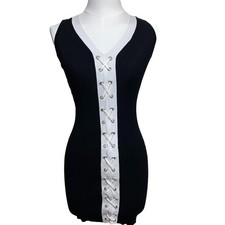 Planet Gold Lace Up Mini Dress Womens XS Black White Ribbed Knit SleevelesV-Neck