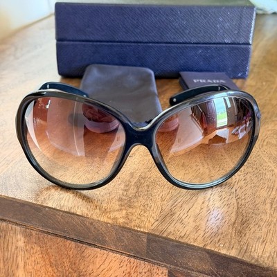 Prada Sunglasses Women SPR 19I Black Brown Gradient Oversized Round Italy 64-15