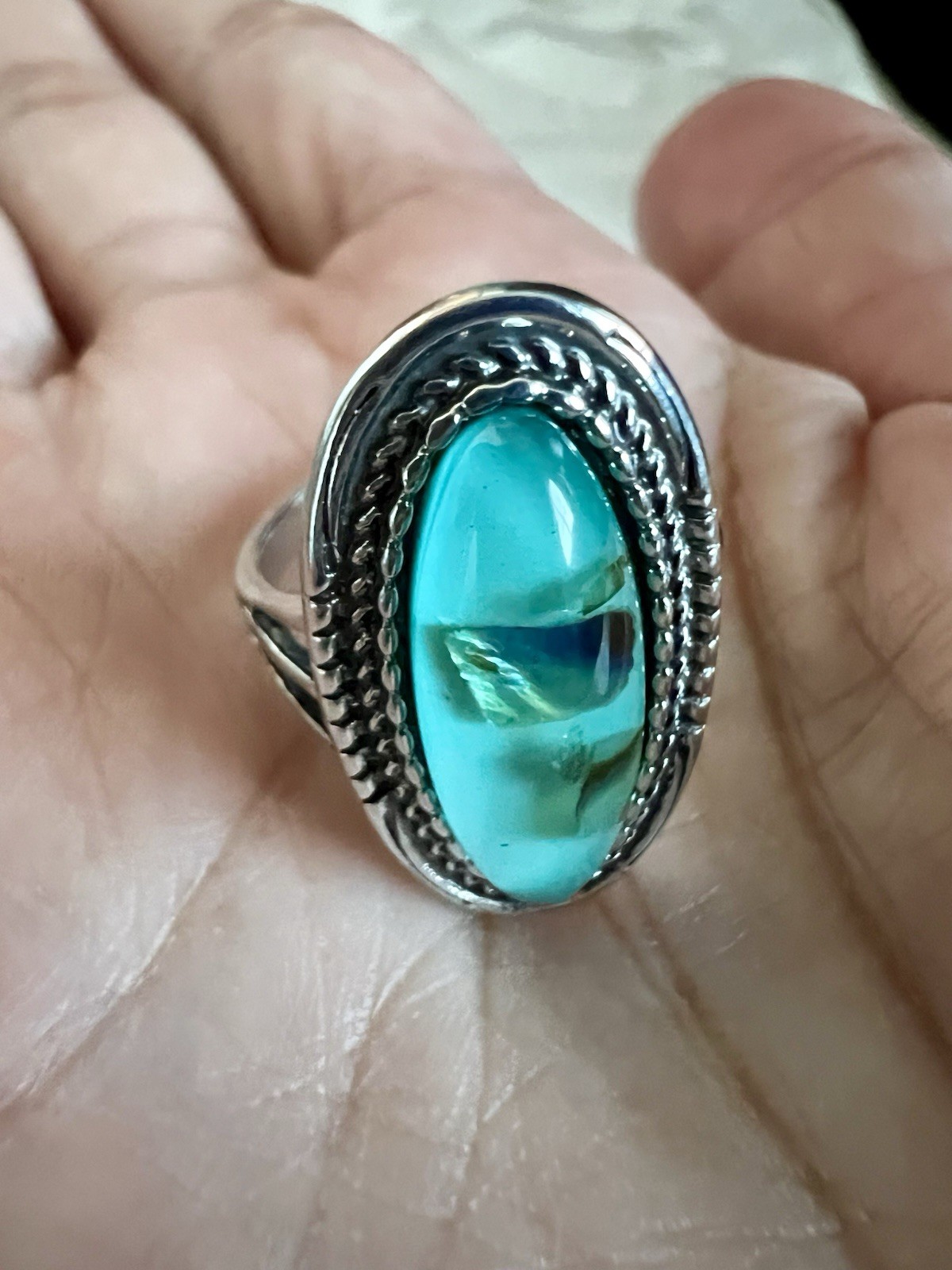 Bold Teal Cabochon Statement Ring Silver Tone Boh… - image 4