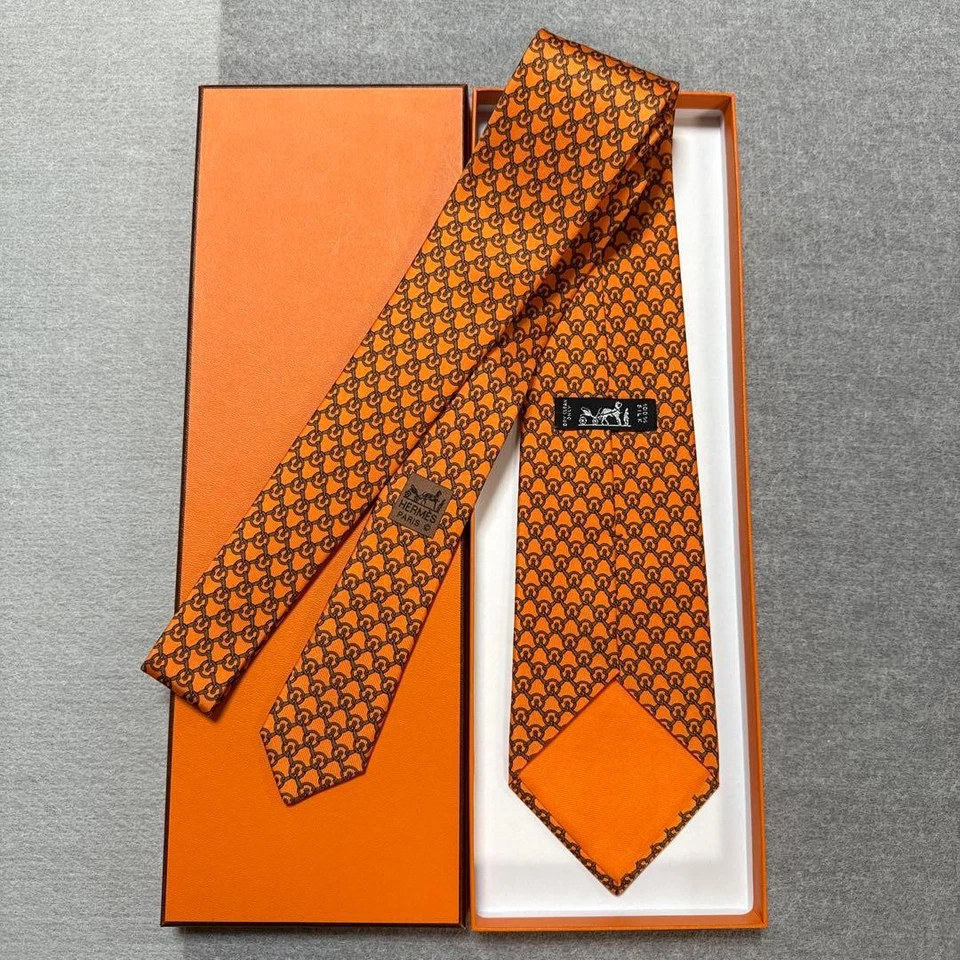 HERMES Neck Tie New Unused Orange Gray Rope Check 100%Silk Made in France - Image 2 of 4
