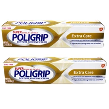 2 Pack Poligrip Super Denture Adhesive Cream Extra Care 2.2 Oz Each