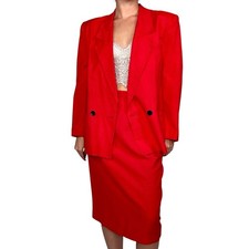 Vintage Christian Dior The Suit Red Rayon Skirt Suit Set 1990s Double Breasted