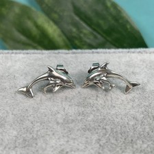Silver Dolphin Stud Earrings, Beachy Fun, 925 Sterling, Vintage