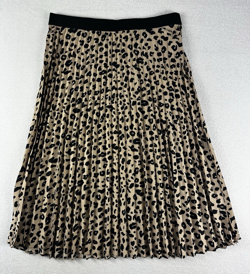 Khoko Smart Womens Size 12 Leopard Print Pleated Midi Skirt Elastic Waist