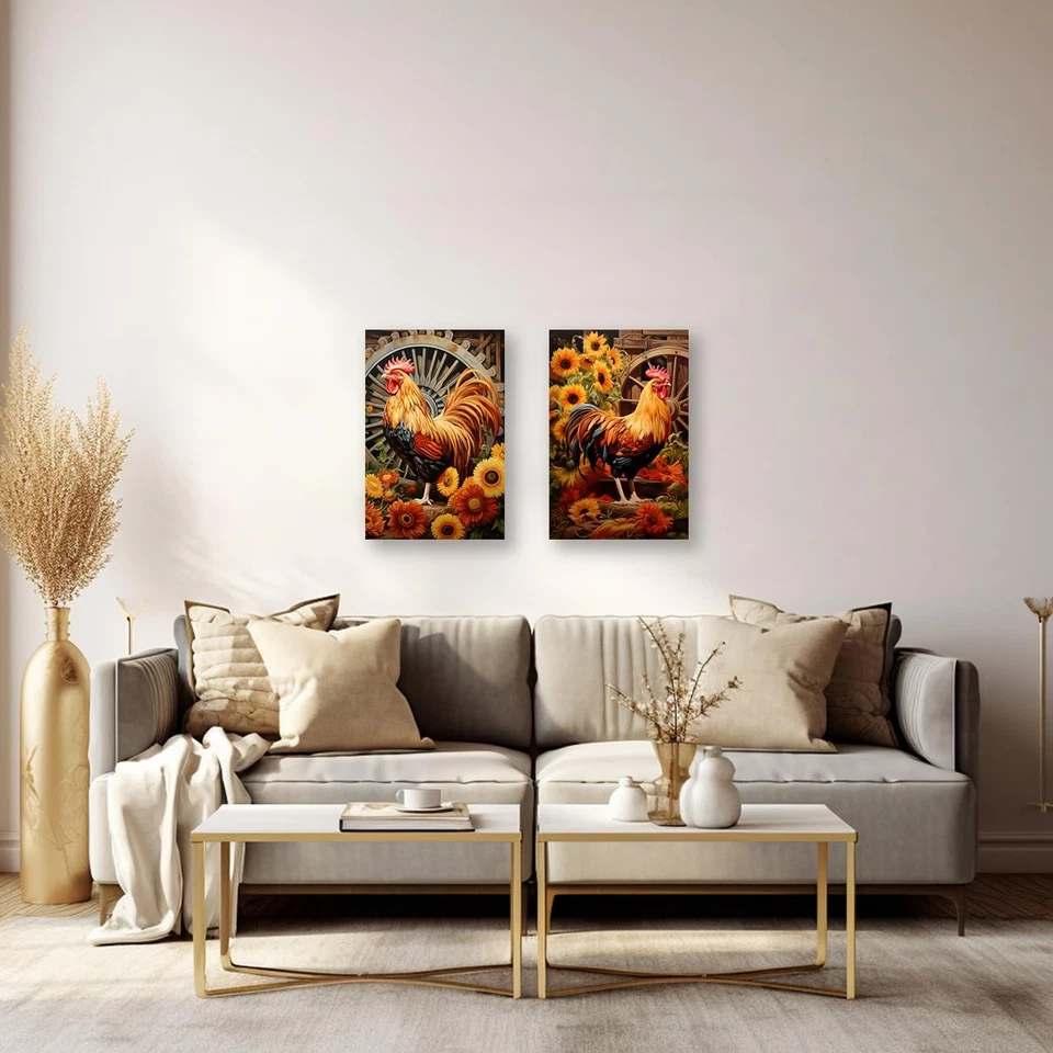 Arte de pared en lienzo de gallo de granja 2 piezas impresión de cuadros de pollo y girasol Ru... Foto 4 de 4