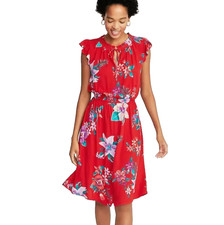 Old Navy Women's Red Floral Ruffle Sleeve Tie Neck Midi Dress Size Large Tall