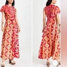 Ulla Johnson Silk Maxi Dress Orange Pink Abstract Handmade Asymmetrical Ruched 4