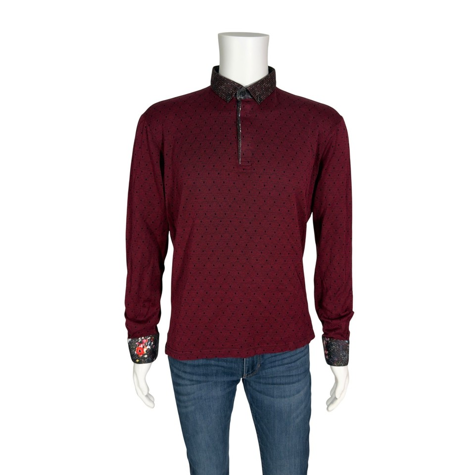 Maceoo Polo Shirt Mens 4/L Burgundy Excellent Diamond Print Long Sleeve ...