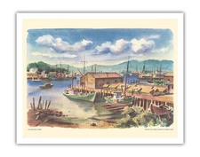 New England Harbor - Vintage United Air Lines Travel Poster by Joseph Fehér 1955