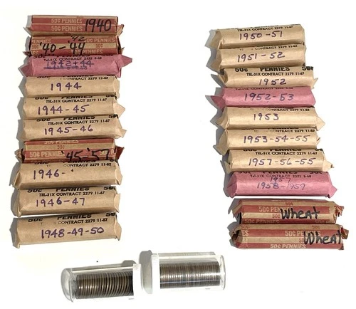 Lot of 1000 + Wheat Pennies 19 Teens - 1950's 20 Rolls Mixed Mint No Steel