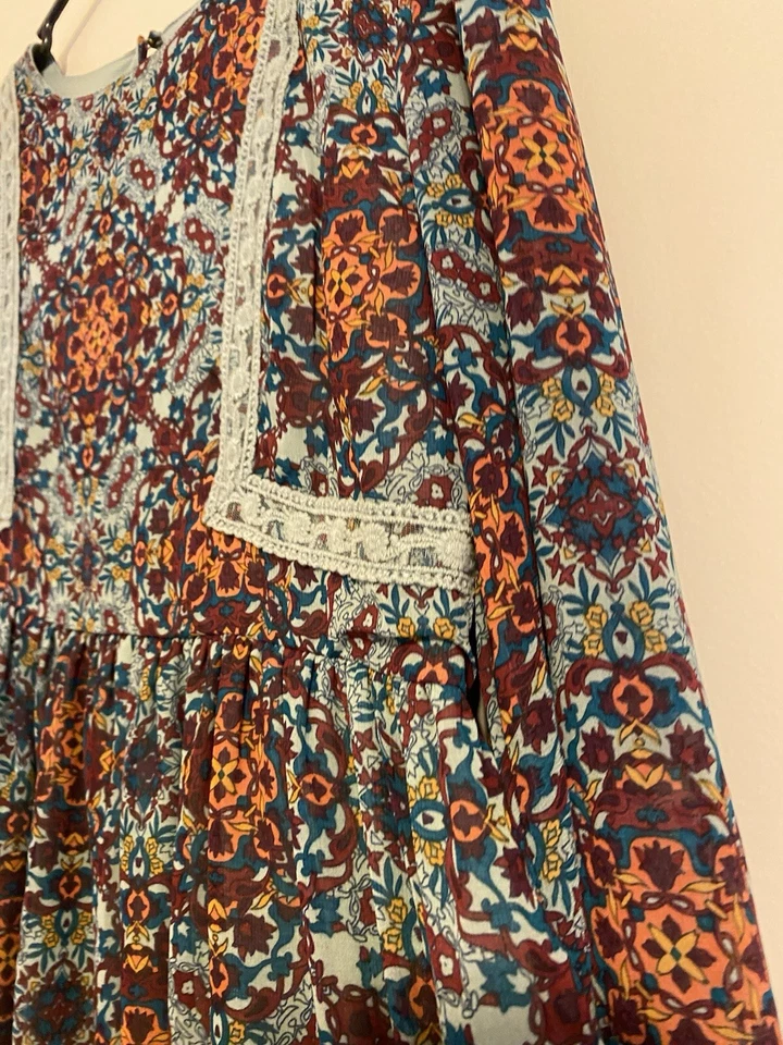 Vestido Túnica Boho Gitano Cottagecore Boho Floral Hada Geométrico Talla Pequeña Foto 3 de 4