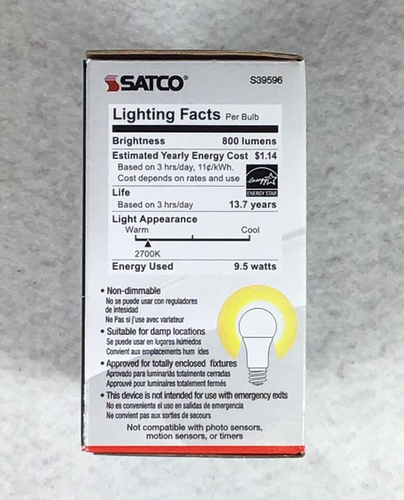 4 Pack Satco LED A19 Bulb Warm White 60W 800 Lumens Garage Door Opener - Picture 6 of 7