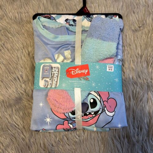 Disney Stitch 3 Piece Pajama Set Women Size Small (4-6) Blue Pajamas Pjs Socks