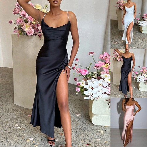 Womens Sexy Silk Satin Maxi Dress Strappy Split Cocktail Party Evening Bodycon - Picture 2 of 15