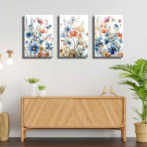 3Pcs Wildflower watercolor Bouquet Canvas Wall Art Nursery Colorful Botanical... - Picture 8 of 8