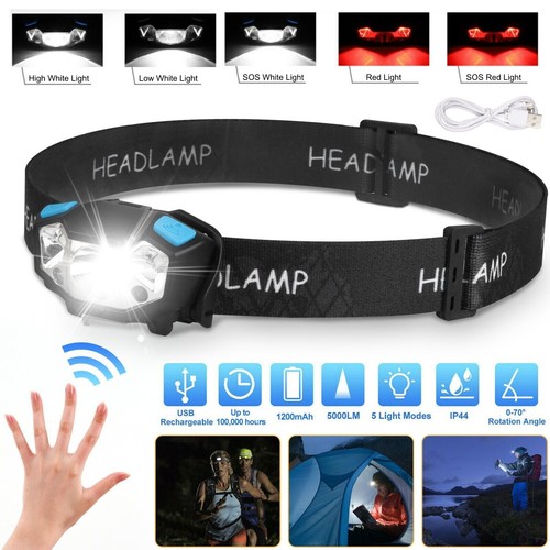 5000LM LED Headlamp Super Bright Motion Sensor Headlight Rechargeable Torch - Picture 1 of 10