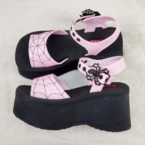 Funn Platform Goth Spider Web Sandals Ankle Strap Wedge Shoes Pink In House - Picture 12 of 12