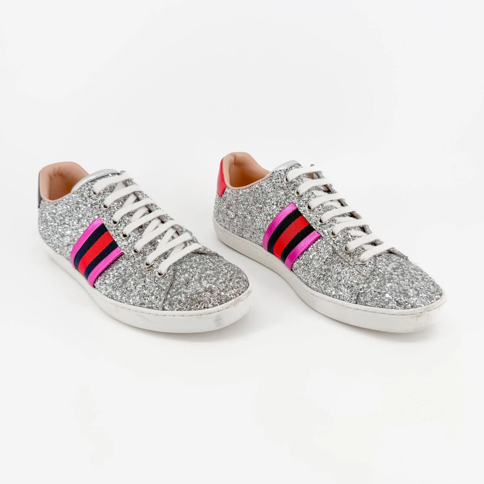 Baskets basses Gucci Ace EU 37,5 US 7,5 argent paillettes lacets chaussure d'entraînement