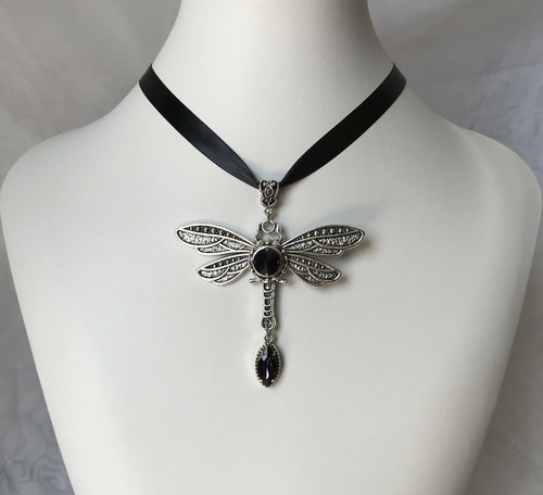 Gothic Victorian Large Dragonfly Medieval Black Ribbon Pendant Necklace Choker - Picture 27 of 60