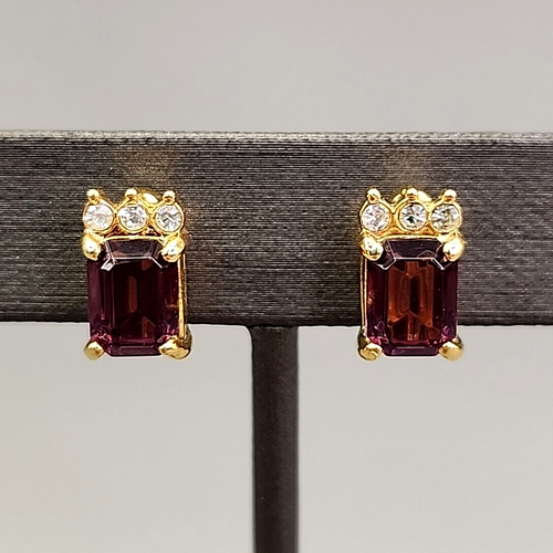 Rhinestone Clip-On Earrings Vtg Purple Glass Prong Set 3/8"