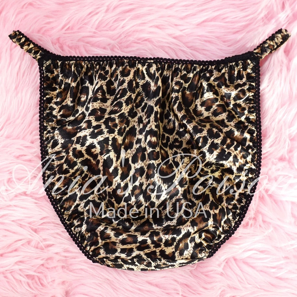 Bragas de bikini estilo satinado brillante aspecto húmedo maricón estampado de leopardo tanga S - 2XL Foto 3 de 4