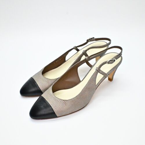 CHANEL Heels Womens Sz 39 Gray Leather Snakeskin Cap Toe Slingback Quiet Luxury