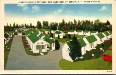 Postcard Clarkes Deluxe Cottages Two Miles West Of Geneva NY Route  5 And 20
