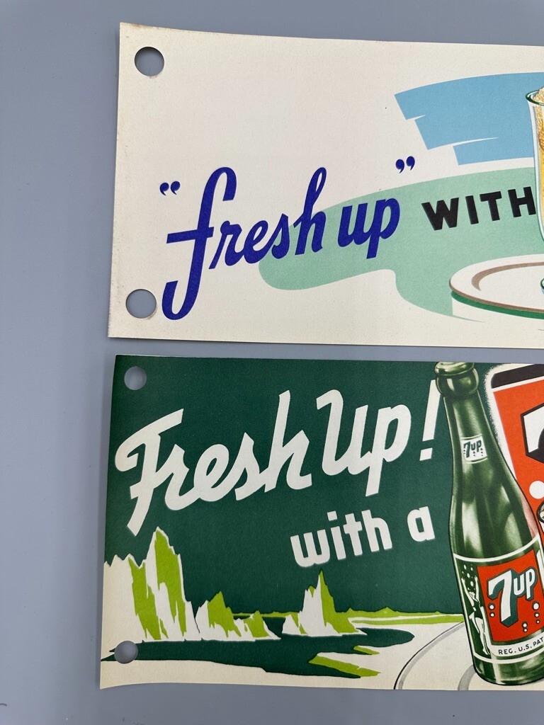 2 1948 7UP Soda ICE CREAM FLOAT Paper Banner SIGN Vintage Fountain