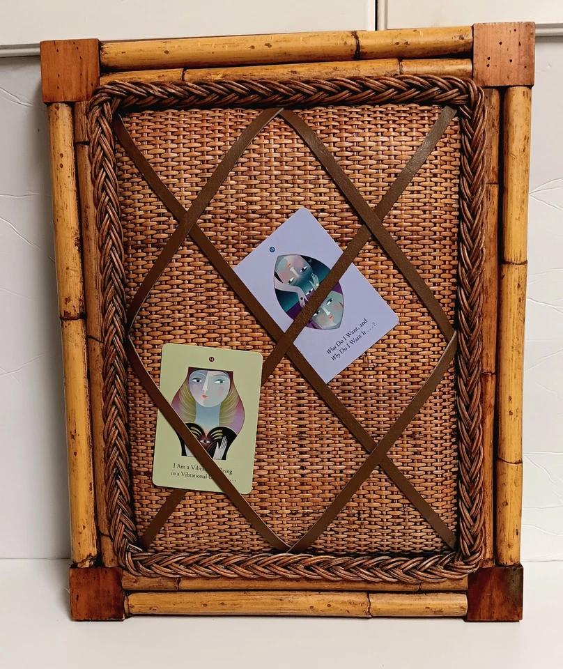 French Memory Board Natural Bamboo Wicker Leather Straps 20"×16" Vtg Boho - Image 4 of 4