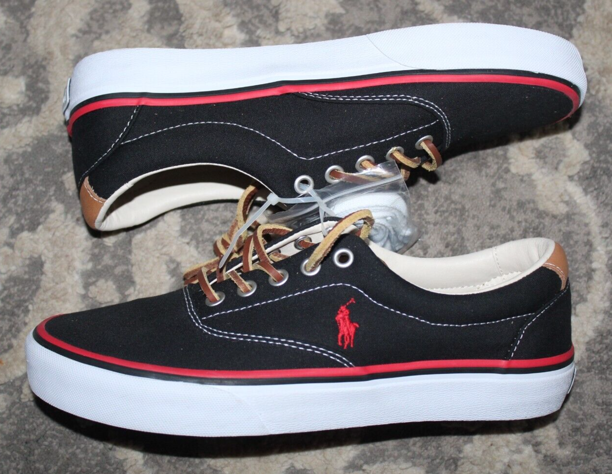 Polo Ralph Lauren scarpe uomo taglia 7 5 nero rosso Keaton pony sneaker stringate pelle