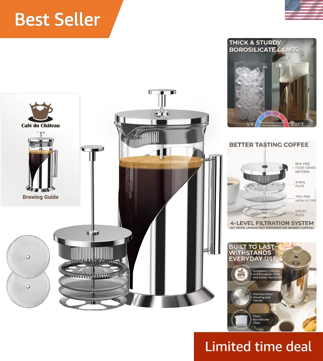 Stainless Steel French Press Coffee Maker - 34oz Insulated Coffee Press with ...